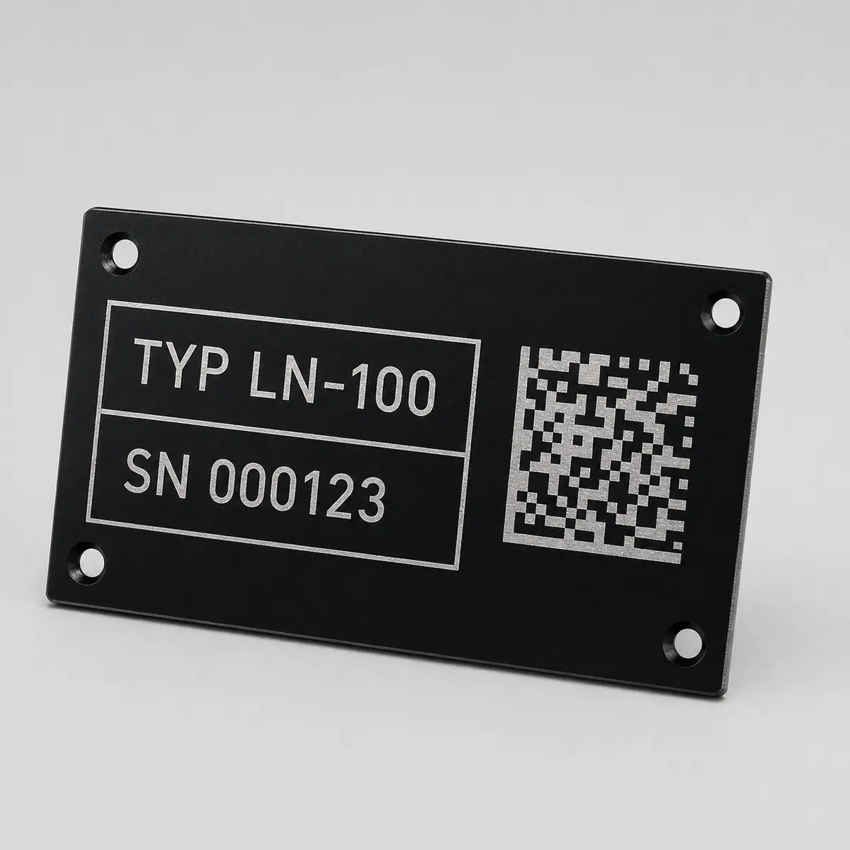 Technisches Typenschild aus schwarzem Aluminium